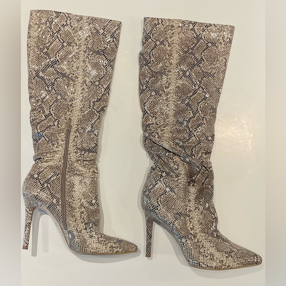 Knee-High Stiletto Faux Snakeskin Pointed Toe Scrunch Boots
